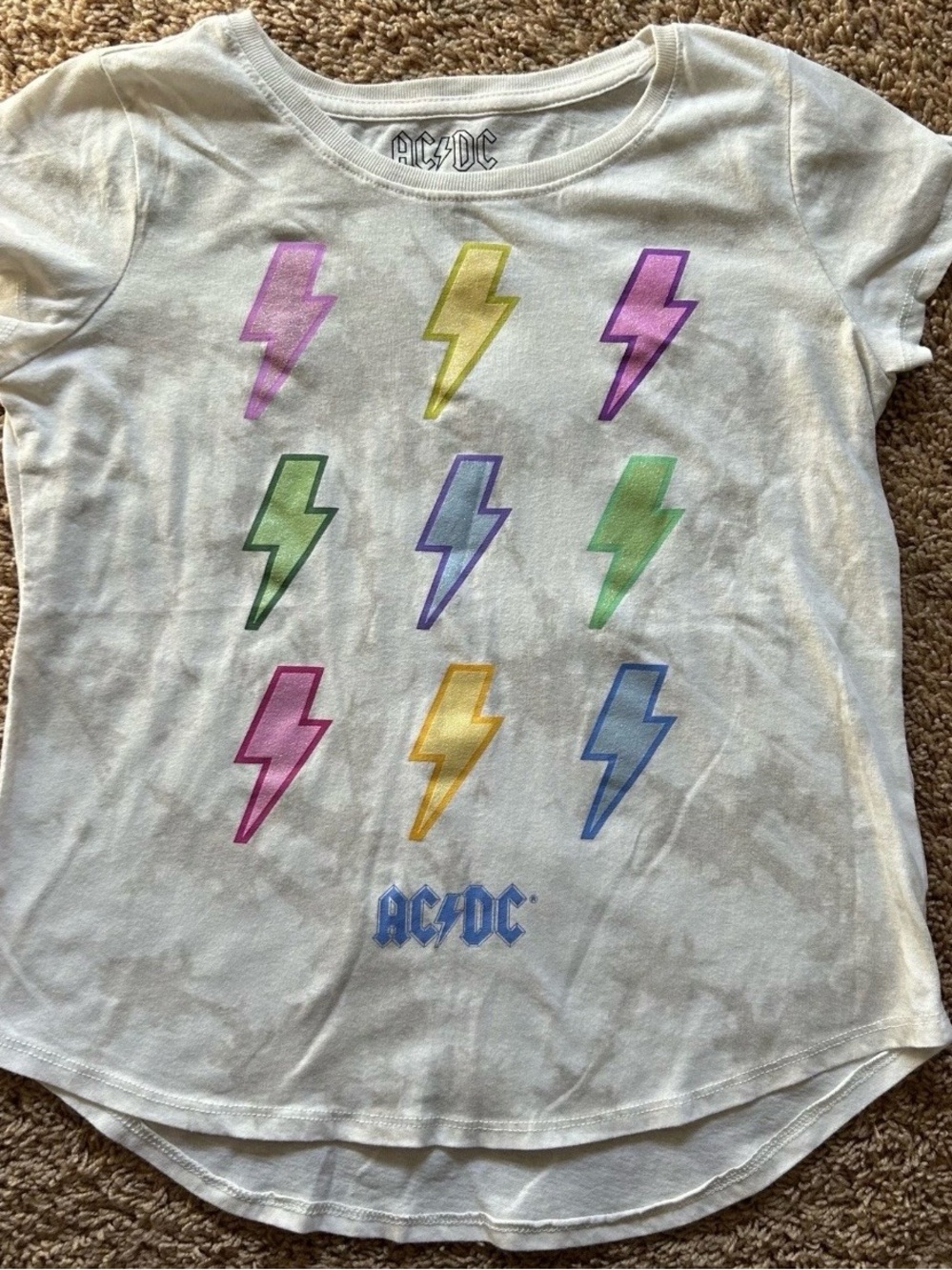 AC/DC Youth XL 14/16 Band Tee White/ gray splatter - Lightning Bolts w Shimmer